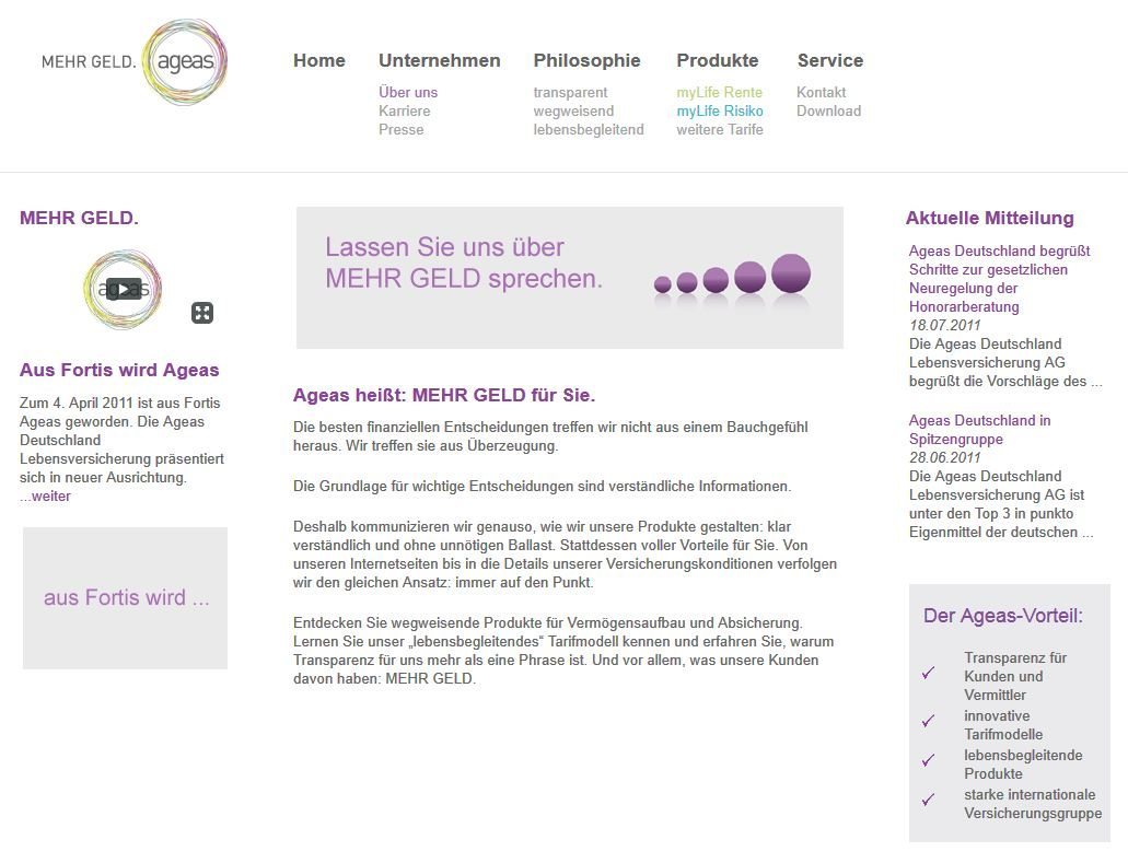 Ageas Versicherung | Website-Screenshot vom 03.08.2011 (ageas.de)