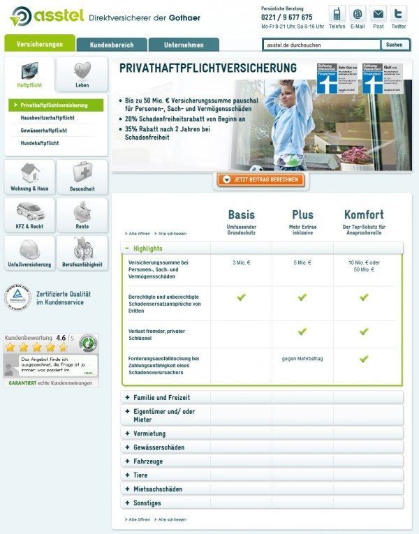 Asstel Plus Privathaftpflicht (Website-Screenshot vom 25.11.2011)