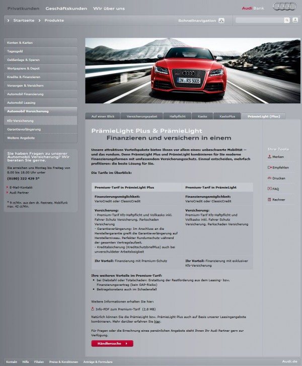Audi PrämieLight Plus (Website Screenshot 03082011)