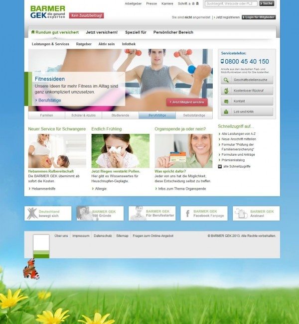 Barmer GEK Krankenkasse: Website Screenshot www.barmer-gek.de/barmer/web/Portale/Versicherte/Rundum-gutversichert/Startseite/Startseite.html am 08.05.2013