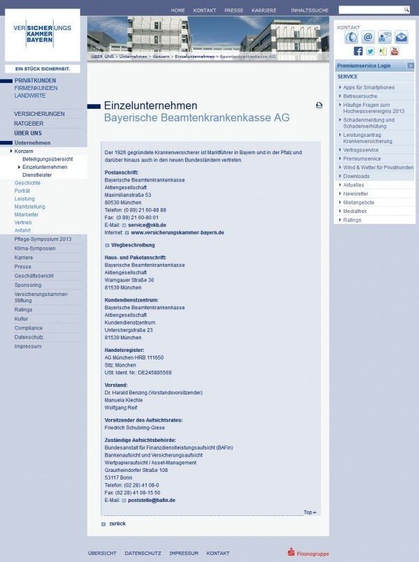Bayerische Beamtenkrankenkasse (Website Screenshot https://www.vkb.de/web/html/pk/ihre_vkb/unternehmen/konzern/einzelunternehmen/beamtenkrankenkasse/ am 27.09.2013)
