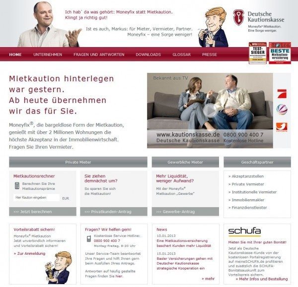 Die Deutsche Kautionskasse deckt mit ihrem Produkt der Moneyfix Mietkautionsversicherung inzwischen mehr als 2 Millionen Wohnungen in Form einer Kautionsbürgschaft (Screenshot www.kautionskasse.de am 28.02.2013)