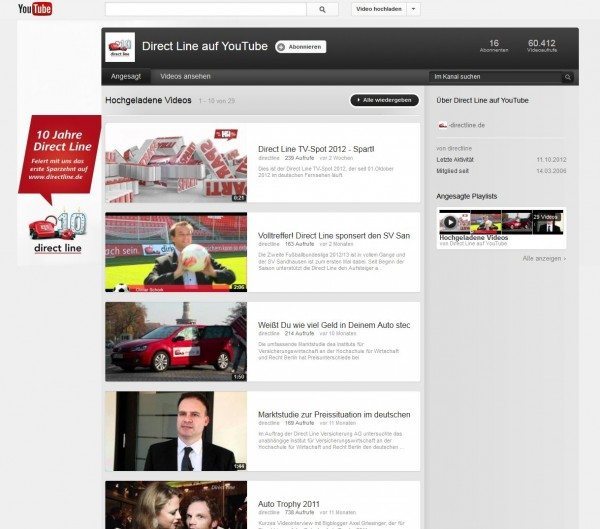 Direct Line Youtube Channel (Screenshot 31.10.2012)