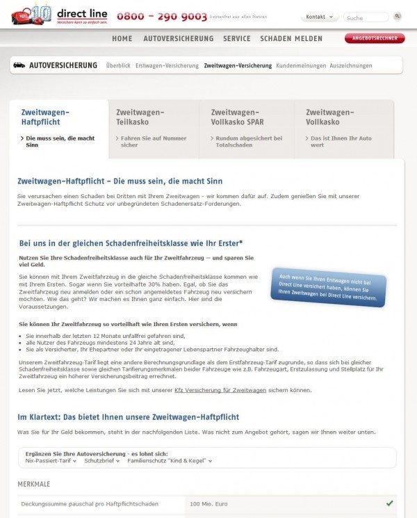 Die Direct Line ist vor allen Dingen bekannt geworden durch die Werbung, besonders Zweitwagen günstig(er) zu versichern (Screenshot directline.de/autoversicherung/zweitwagenversicherung/ vom 31.10.2012)