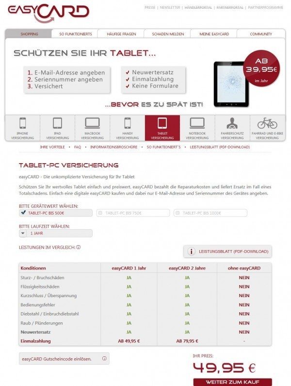 Easycard Tabletversicherung (Screenshot www.easycard.de/tablet-versicherung.html am 16.10.2013)