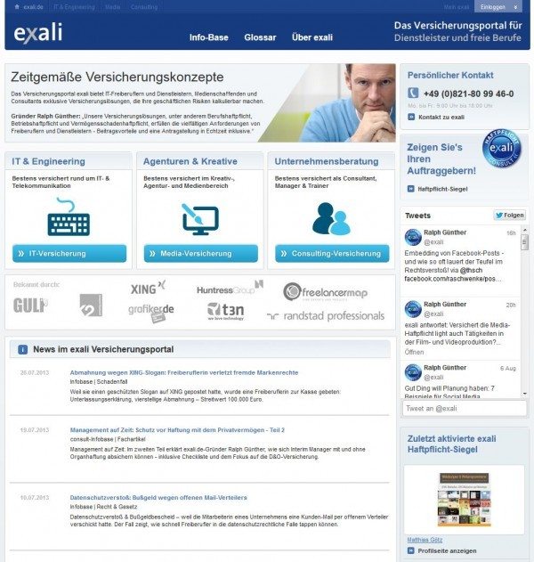 Spezialisiertes Angebot: Auf der Website www.exali.de findet man sehr spezielle Haftpflicht-Angebote für Selbständige, z.B. IT-Hafptlicht, Consulting-Haftpflicht, Media-Haftpflicht-Versicherung u.a. (Screenshot am 08.08.2013)