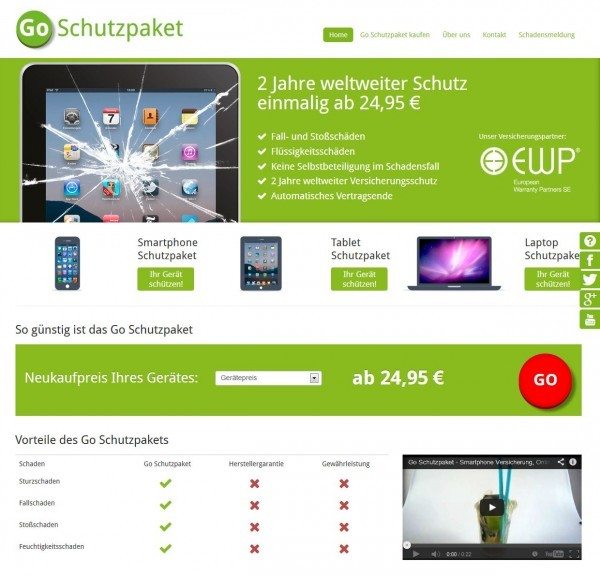 GoSchutzpaket Ipad-Versicherung / Tablet-Schutzpaket (Screenshot www.goschutzpaket.de am 16.10.2013)
