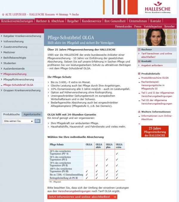Hallesche OLGA Aktiv (http://www.hallesche.de/h_index/h_kvers_pflegeversicherung/h_kvers_pflege_pflegezusatzversicherung.htm, Screenshot August 2011)