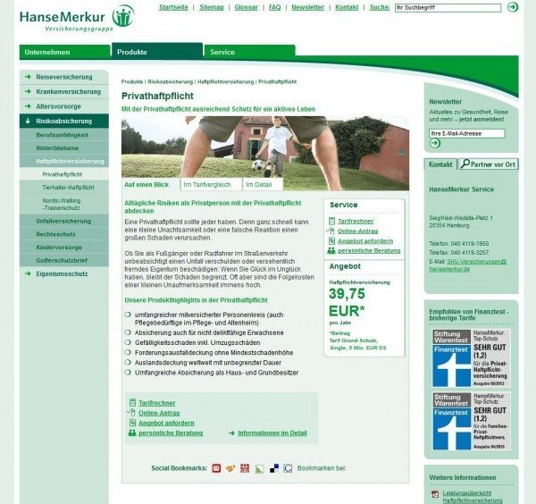 HanseMerkur Privathaftpflicht-Versicherung online (Website Screenshot www.hansemerkur.de/produkte/risikoabsicherung/haftpflichtversicherung/privathaftpflicht am 24.04.2013)