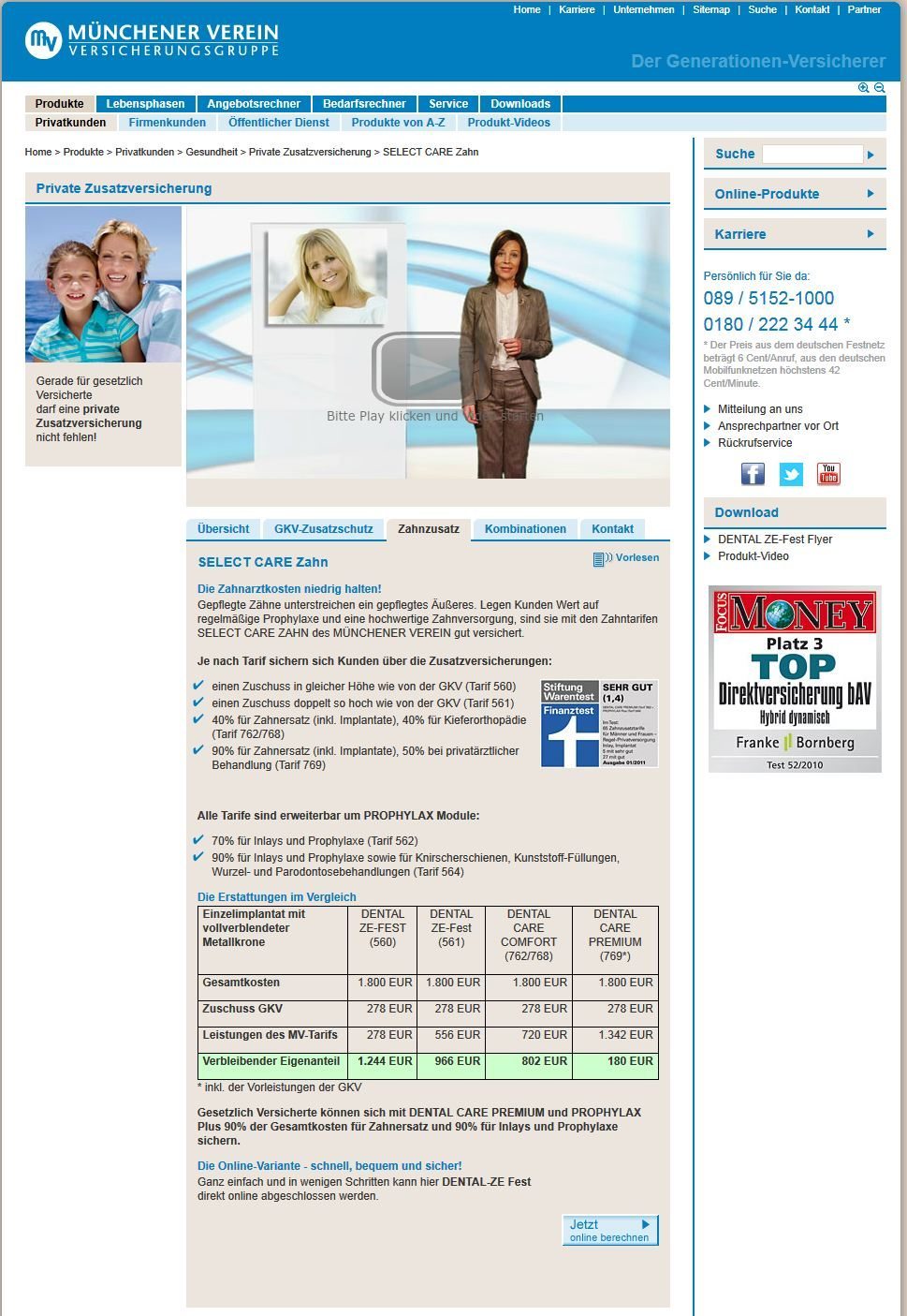 Münchner Verein Select Care / Dental Care Premium (Website Screenshot 2011/08/03)