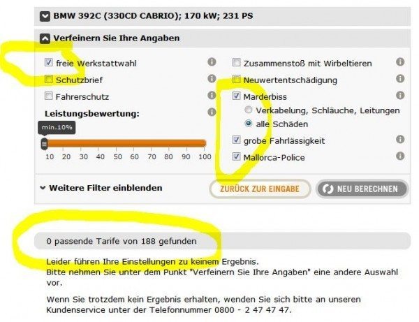 In diesem Beispiel haben nach Festlegung bestimmter Wunschleistungen leider keinen passenden Tarif mehr finden können