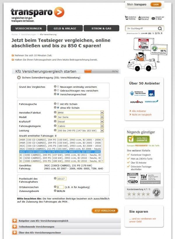 Die Plattform Transparo.de bietet die Möglichkeit, verschiedene Anbieter und Tarife für zur  KFZ-Versicherung zu vergleichen (Screenshot www.transparo.de/versicherungen/kfz-versicherung/ am 09.09.2013)