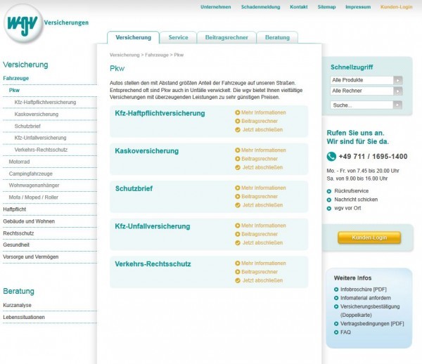 WGV Autoversicherung (Screenshot der Website 03.08.2011)