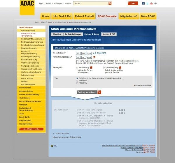 ADAC Auslandskrankenversicherung: Tarif für den ADAC Auslands-Krankenschutz auswählen und Beitrag berechnen unter https://www.adac.de/produkte/versicherungen/auslandskrankenschutzversicherung/auslandskrankenschutz/rechner_antrag_tarifauswahl.aspx?ComponentId=1188&SourcePageId=1767 (Screenshot vom 23.10.2014)