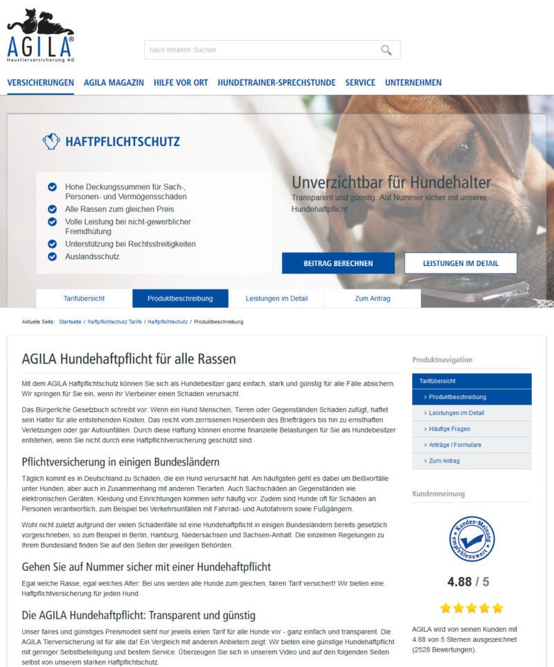 AGILA Haustierversicherung AG: Hundehaftpflicht-Versicherung für alle Rassen (Screenshot agila.de/versicherungen/haftpflichtschutz-tarife/haftpflichtschutz/hundehaftpflicht vom 22.07.2016)