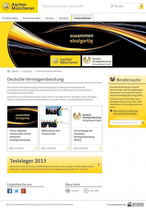 Kein Online-Abschluss möglich: Die AachenMünchener Versicherung lässt ihre Produkte exklusiv über die Deutsche Vermögensberatung (DVAG) vertreiben - mit Vor- und Nachteilen. (Screenshot www.amv.de/online/portal/amvinternet/content/914584/908248 am 16.05.2014)