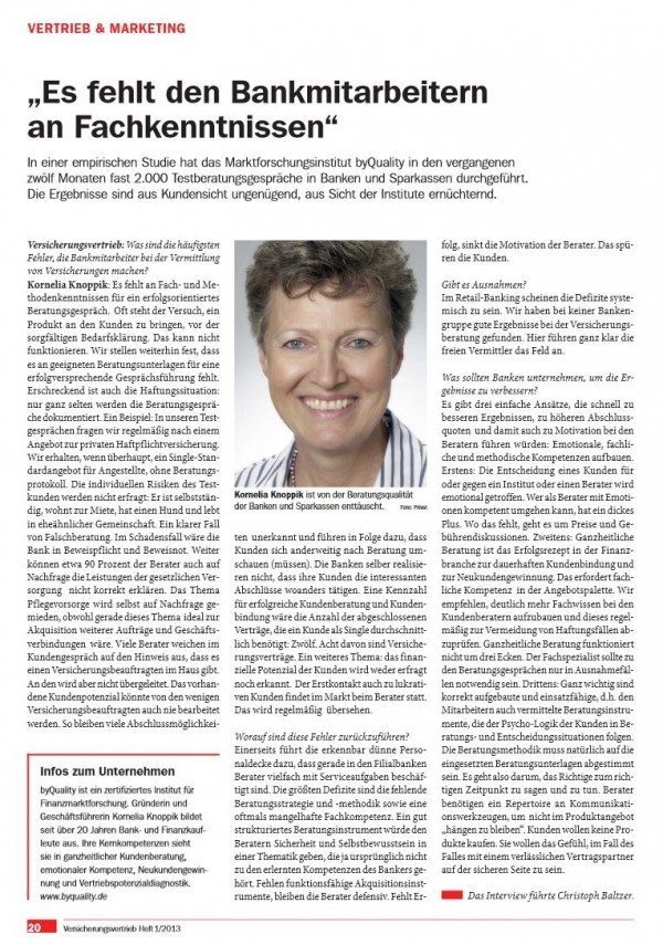 byQuality - Test der Versicherungsberatung in Banken (Screenshot http://www.byquality.de/pdfs/presse/2013-2-1_Versicherungsvertrieb_Interview.pdf am 19.06.2013)