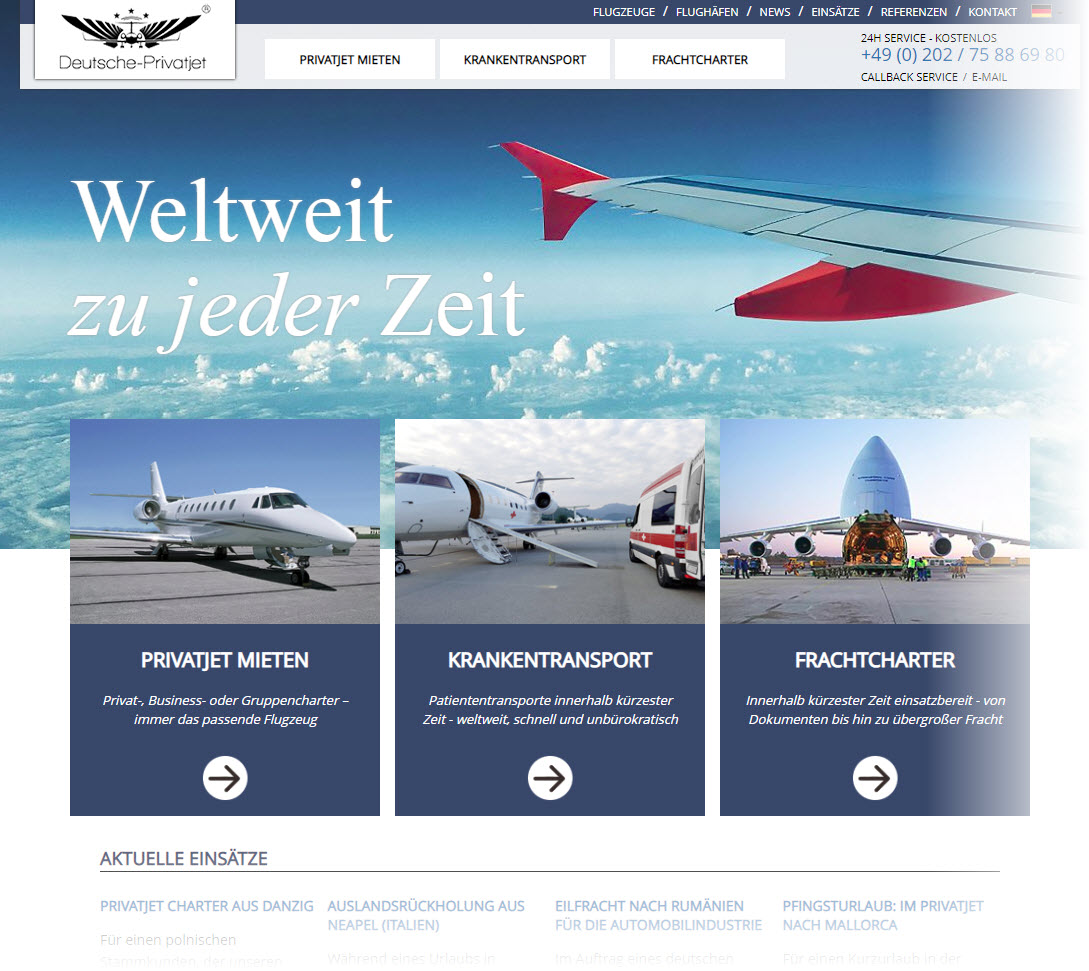 Anbieter wie die Deutsche Privatjet offerieren Full-Service-Charter von Privatjets für Business-Zwecke oder privates First-Class-Reisen (https://www.deutsche-privatjet.de/ am 18.02.2019)