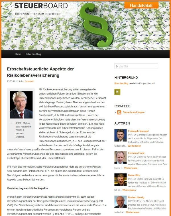 Erbschaftssteuerliche Aspekte der Risikolebensversicherung - Handelsblatt Steuerboard