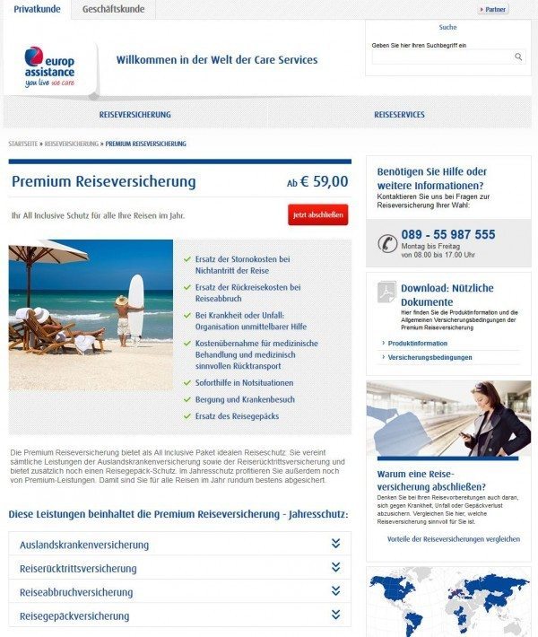 Das Paket der "Premium Reiseversicherung" der Europ Assistance (Screenshot www.europ-assistance.de/reiseversicherung/premium-reiseversicherung-jahresschutz am 05.12.2014)