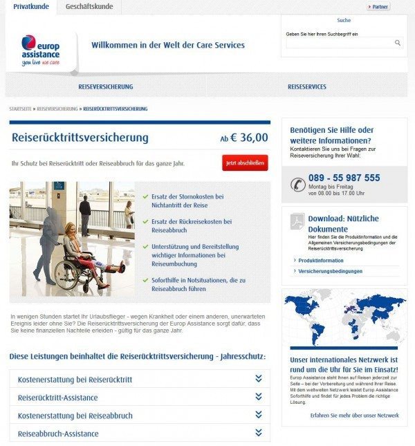 Europ Assistance Reiserücktrittsversicherung (Screenshot www.europ-assistance.de/de/reiseversicherung/reiseruecktrittsversicherung-jahresschutz am 05.12.2014)