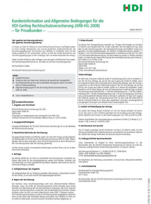 Kundeninformation und Allgemeine Bedingungen für die HDI-Gerling Rechtsschutzversicherung (ARB-HG 2008) – für Privatkunden (Screenshot https://www.hvs-online.de/inc/products/downloads/1352803313-download.pdf am 23.10.2014)