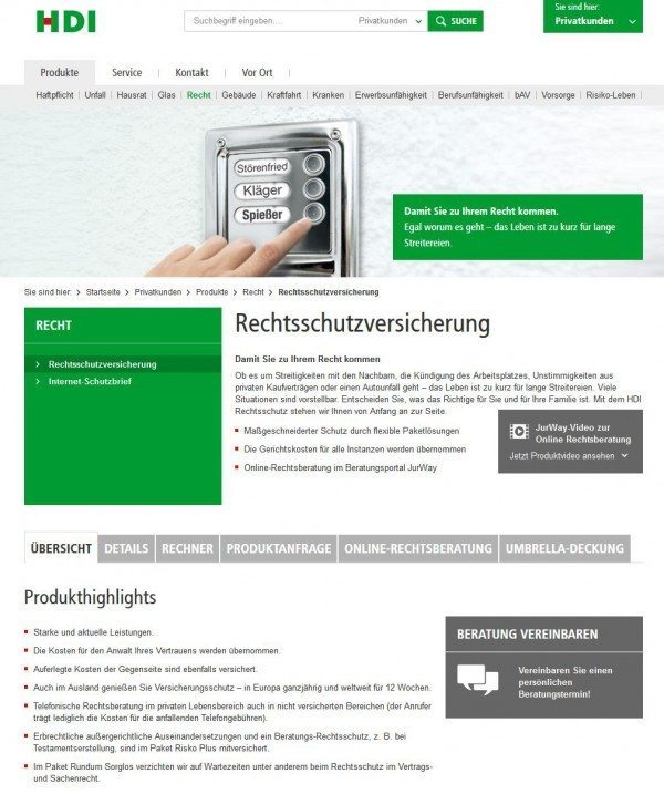 Website der HDI Gerling Rechtsschutzversicherung - Screenshot https://www.hdi.de/rechtsschutz/ am 23.10.2014