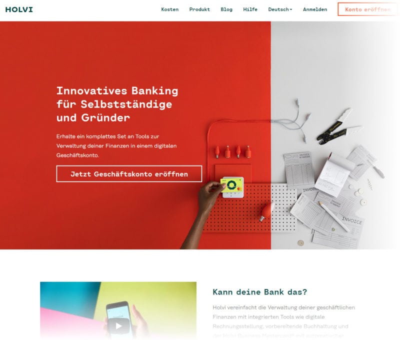 HOLVI verspricht ein modernes Konto für Selbstständige, Freiberufler, Gründer mit vielen für diese Zielgruppe durchdachten Features (Screenshot https://about.holvi.com/de vom 13.08.2018)