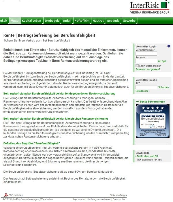 Rente | Beitragsbefreiung bei Berufsunfähigkeit (Screenshot interrisk.de 10.09.2015)