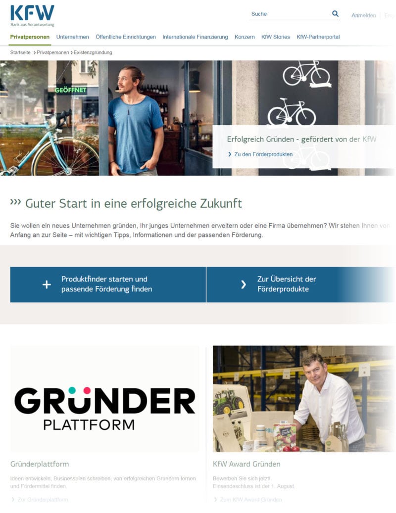 Kredite für die Existenzgründung - gefördert durch die KfW Bank (Screenshot https://www.kfw.de/inlandsfoerderung/Privatpersonen/Gr%C3%BCnden-Erweitern/ vom 14.08.2018) Kredite für die Existenzgründung - gefördert durch die KfW Bank (Screenshot https://www.kfw.de/inlandsfoerderung/Privatpersonen/Gr%C3%BCnden-Erweitern/ vom 14.08.2018)