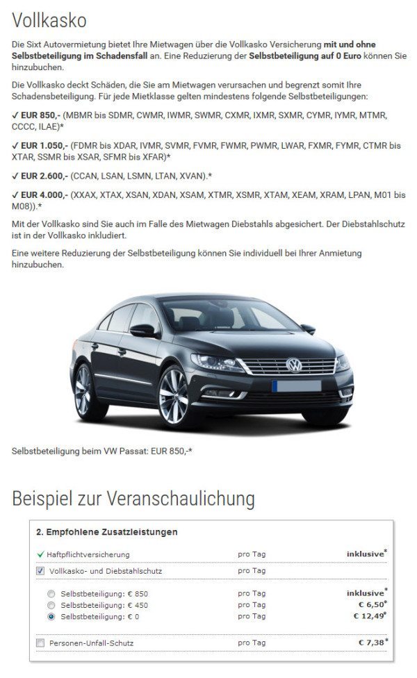 Mietwagenvollkasko bei SIXT (Screenshot 20.09.2015)