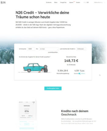 N26 Credit - Ratenkredit der modernen N26 Bank, die auch viele Freiberufler nutzen (Screenshot https://n26.com/de-de/kredit vom 14.08.2018) N26 Credit - Ratenkredit der modernen N26 Bank, die auch viele Freiberufler nutzen (Screenshot https://n26.com/de-de/kredit vom 14.08.2018)