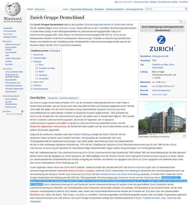 Über die Patria Versicherung und Zurich steht in der Wikipedia: "Rückwirkend zum 1. Januar 2006 wurden die ehemaligen Gesellschaften Patria AG und Deutscher Herold Allgemeine Versicherung AG am 13. Oktober 2006 in die Zurich Versicherung AG integriert." (https://de.wikipedia.org/wiki/Zurich_Gruppe_Deutschland)