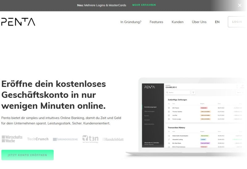 Auf Freiberufler und Selbstständige sowie neu gegründete Firmen zielt auch das FinTech PENTA mit seinem modernen Geschäftskonto (Screenshot https://getpenta.com/de/home vom 13.08.2018)