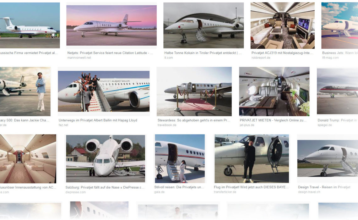 Privatjets Bilder (Screenshot images.google.de für Keyword PRIVATJET am 20.02.2019)