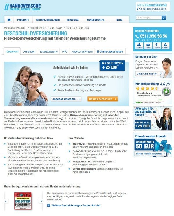 Risikolebensversicherung mit fallender Versicherungssumme - Restschuldversicherung der Hannoversche Leben (Screenshot 10.09.2015)