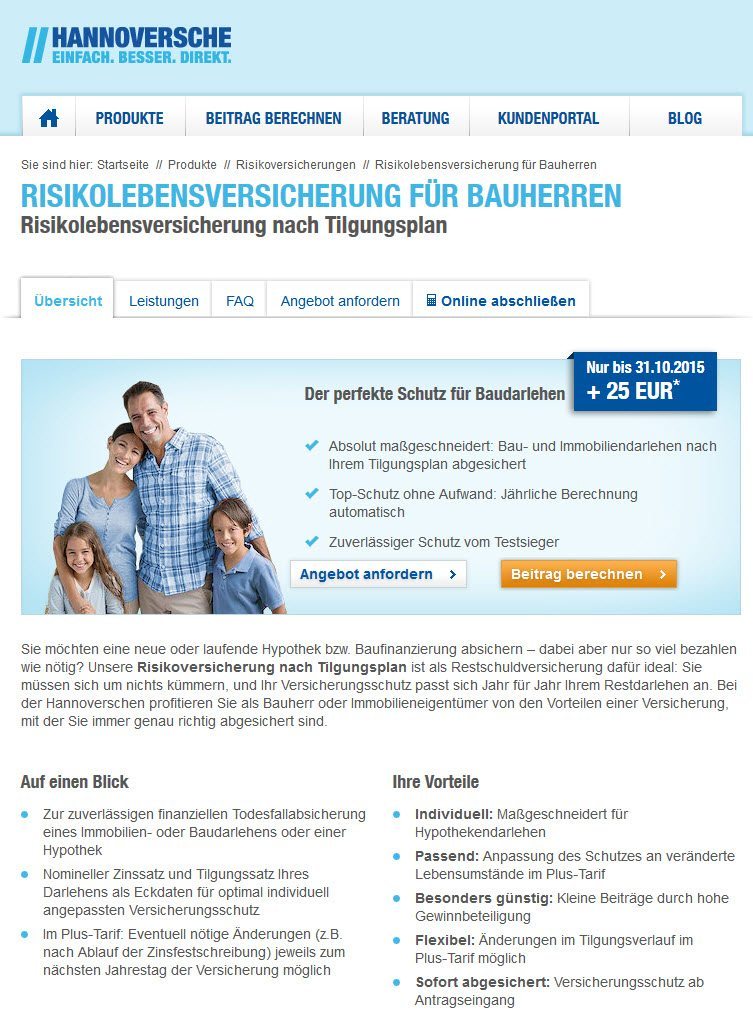 Risikoversicherung nach Tilgungsplan - Hannoversche Risikolebensversicherung für Bauherren