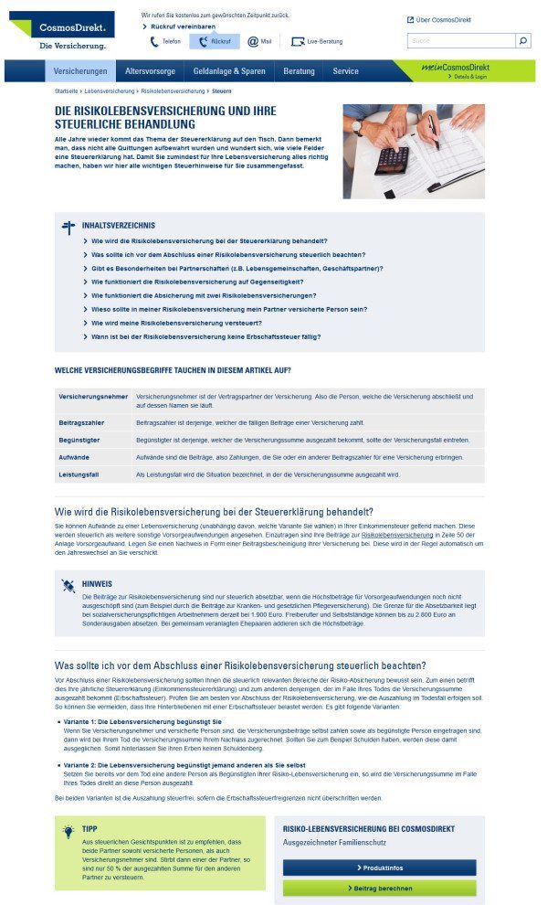 Risikolebensversicherung & Steuer - Infos bei cosmosdirekt.de
