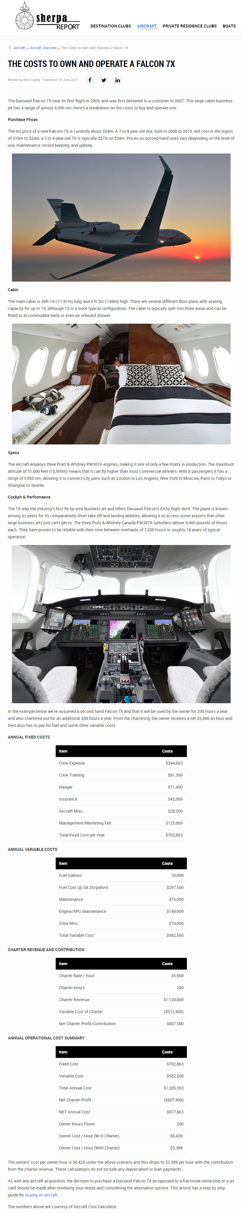 Besitz- und Betriebskosten einer FALCON 7X laut SherpaReport - Schaut man sich diese Kosten an, dann wird schnell klar, warum sich viele lieber einen Privatjet chartern / mieten...