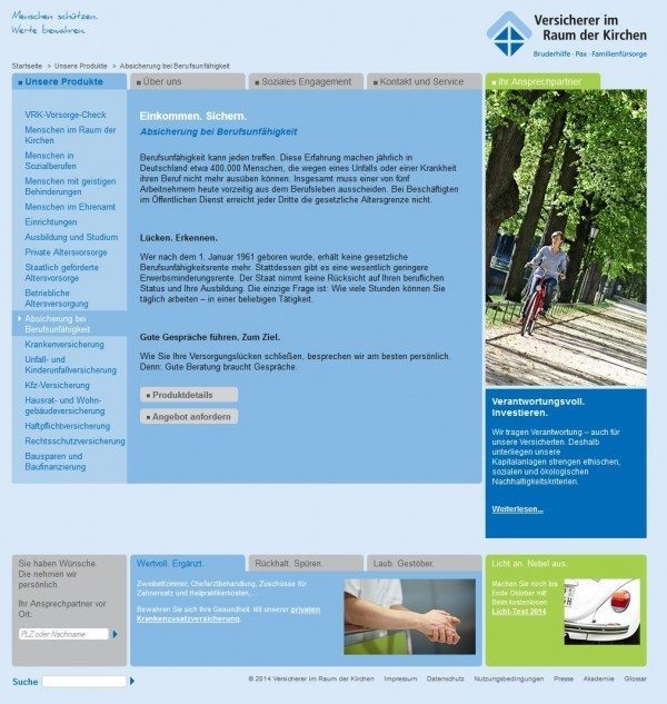 Die "Familienfürsorge" operiert zusammen mit der "Bruderhilfe" und der "Pax" inzwischen unter dem Dach der Marke "Versicherer im Raum der Kirchen" - hier Screenshot der Seite http://www.vrk.de/spezialversicherer/absicherung-bei-berufsunfaehigkeit.jsp am 23.10.2014 zum Thema Absicherung bei Berufsunfähigkeit