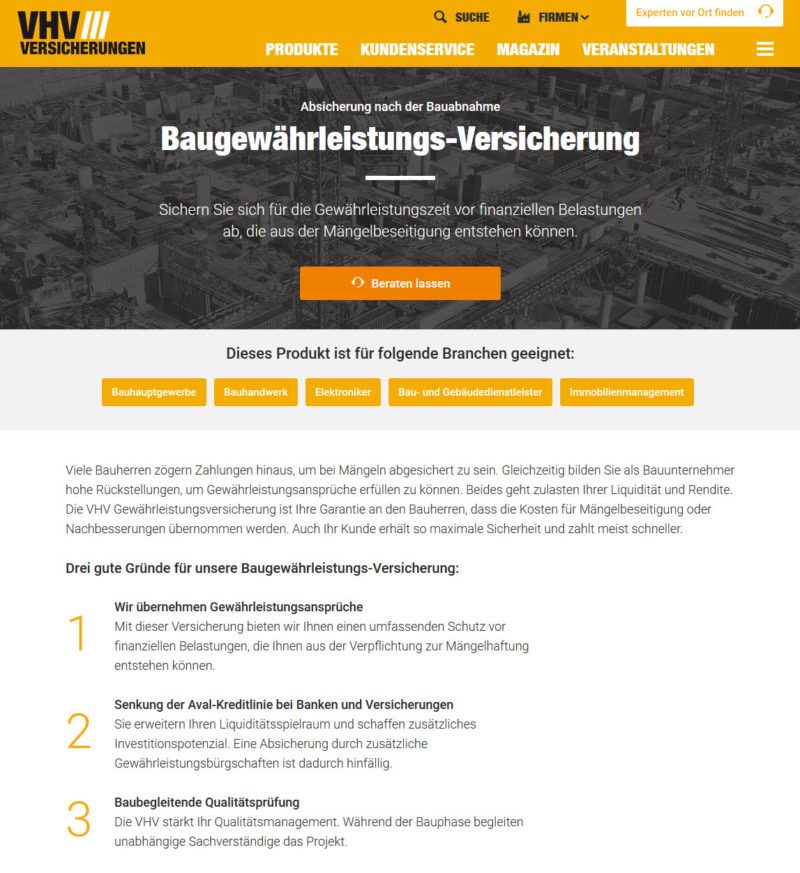 Absicherung nach der Bauabnahme: VHV Bau­ge­währ­leis­tung­s-Ver­si­che­rung (Screenshot https://www.vhv.de/firmen/produkte/bauversicherung/baugewaehrleistung am 21.07.2016)