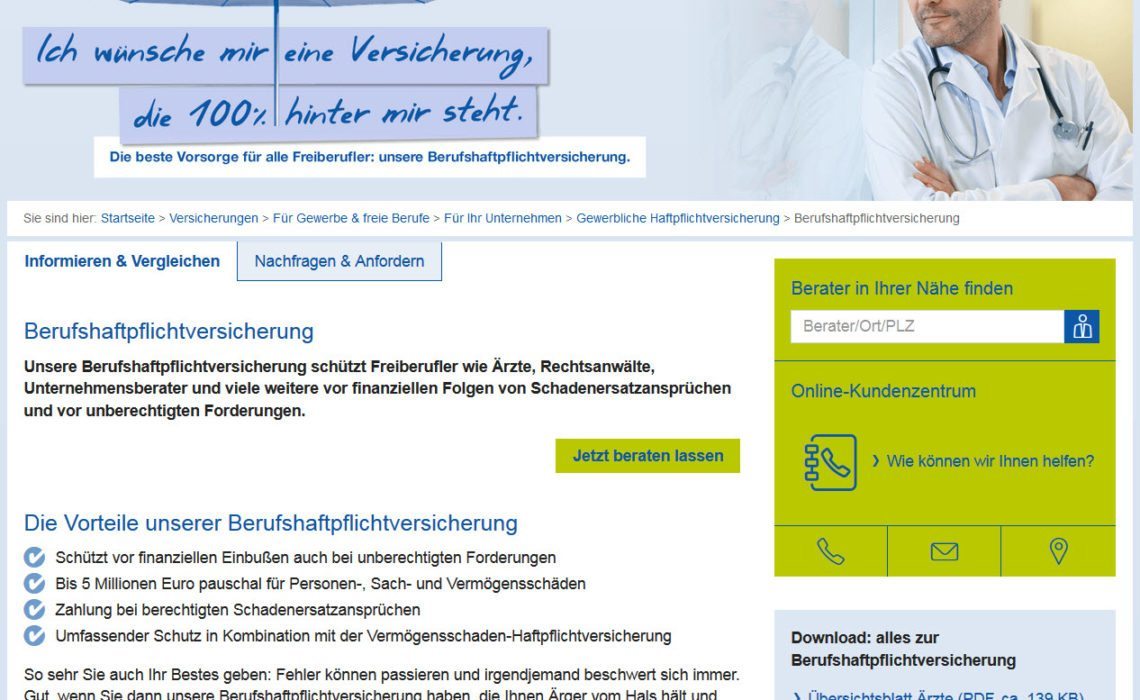 VKB Berufshaftpflicht Versicherung (Screenshot https://www.vkb.de/content/versicherungen/gewerbe/unternehmen/haftpflicht/berufshaftpflicht/ in 2016)