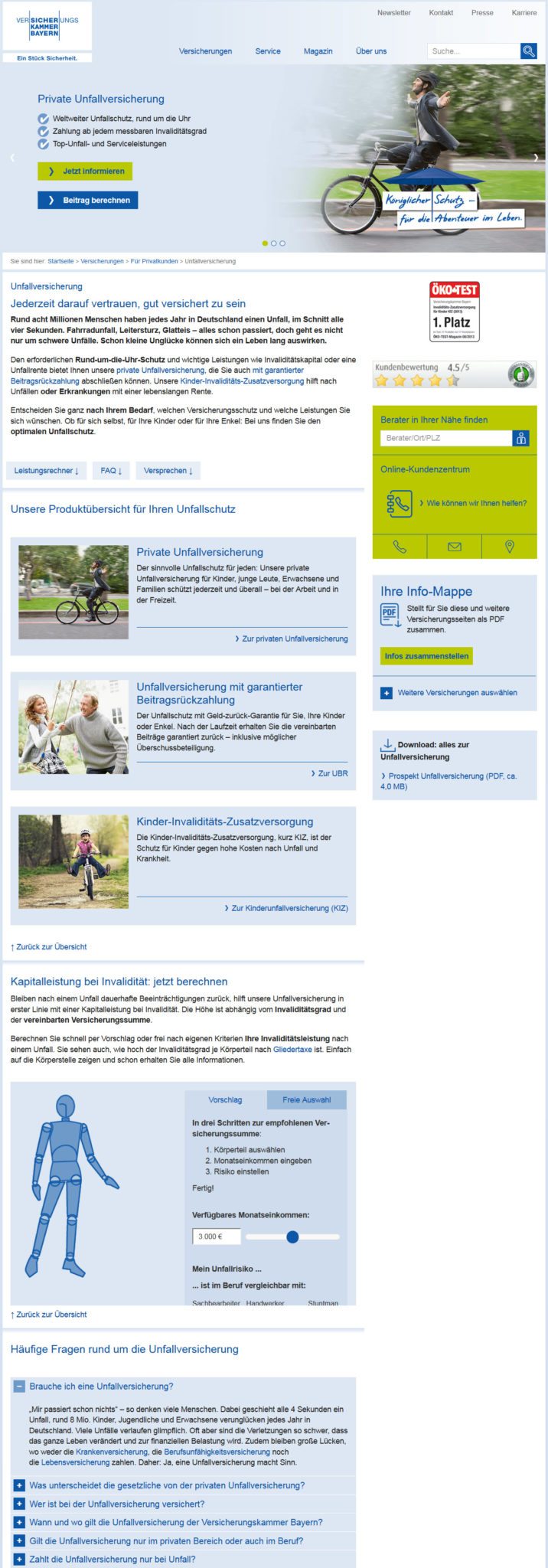 VKB: Private Unfallversicherung bei der Versicherungskammer Bayern (Screenshot https://www.vkb.de/content/versicherungen/privatkunden/unfallversicherung/ in 2016)