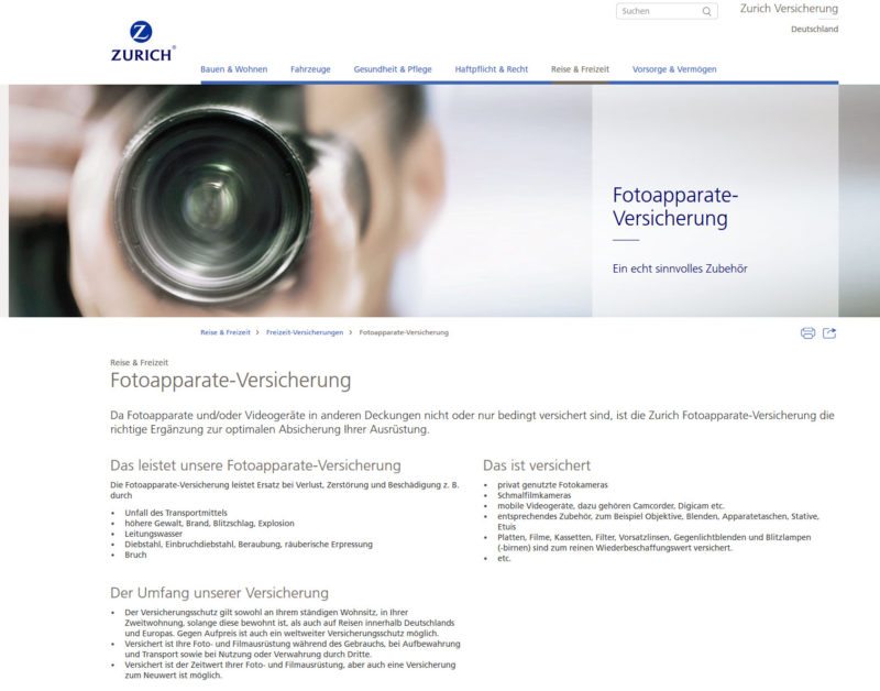 Zurich Fotoapparate-Versicherung (Screenshot https://www.zurich.de/de-de/privatkunden/reise-und-freizeit/freizeit-versicherungen/fotoapparate-versicherung am 21.07.2016)